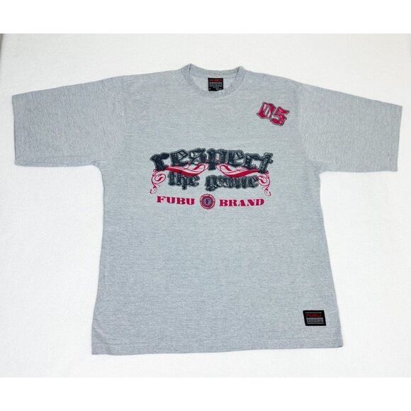 Vintage Y2K FUBU T-Shirt Large Grey Respect The Game Hip Hop Rap - Picture 2 of 8